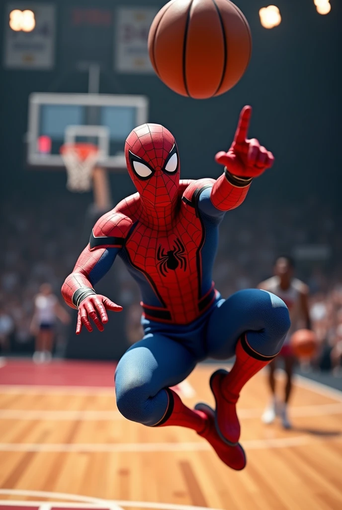 spiderman making a three-pointer in basketball while looking at the camera pointing as the ball reaches the basket