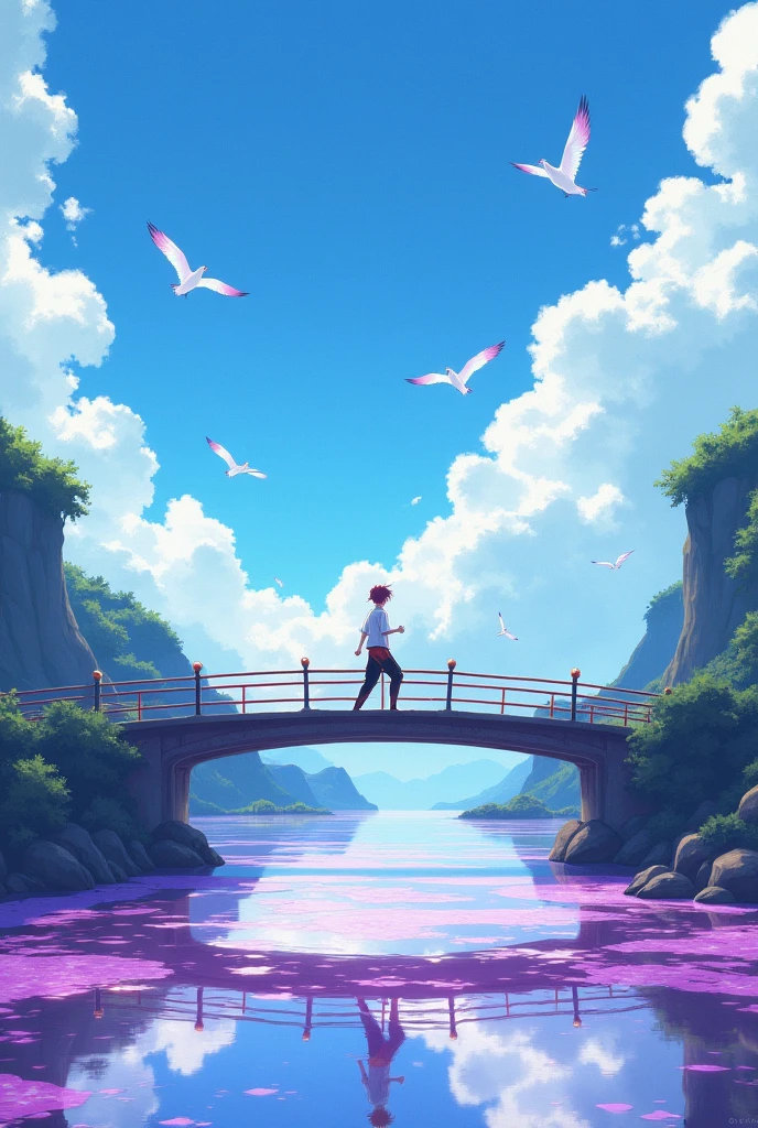 A guy anime character walking on a bridge landscap
, Star , purple and white colour water river , blue sky ,some birds animated and light is going up,