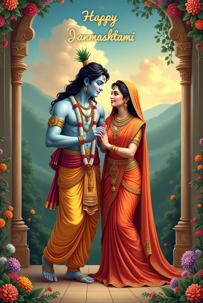 Make a picture of Lord Krishna in which Krishna is standing with Radha ji with closed eyes and a flute in his hand. Write Happy Janmashtami on the picture with a good background.