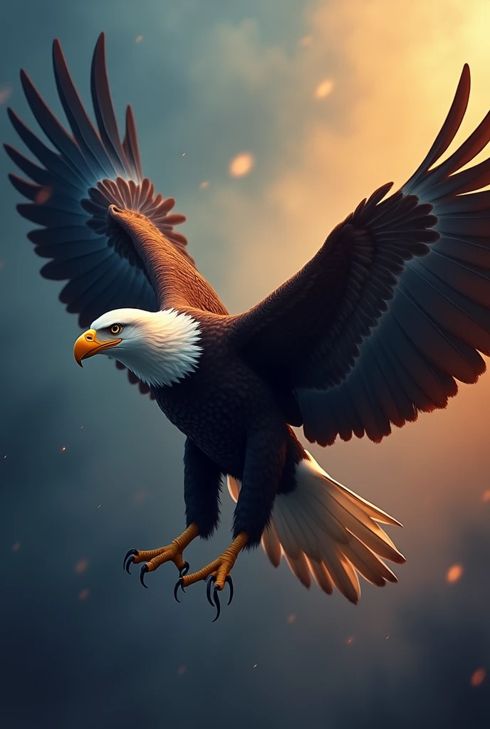 Bold and beautiful looking eagle, fly, wing span, front view, smoky blue orange gradient background