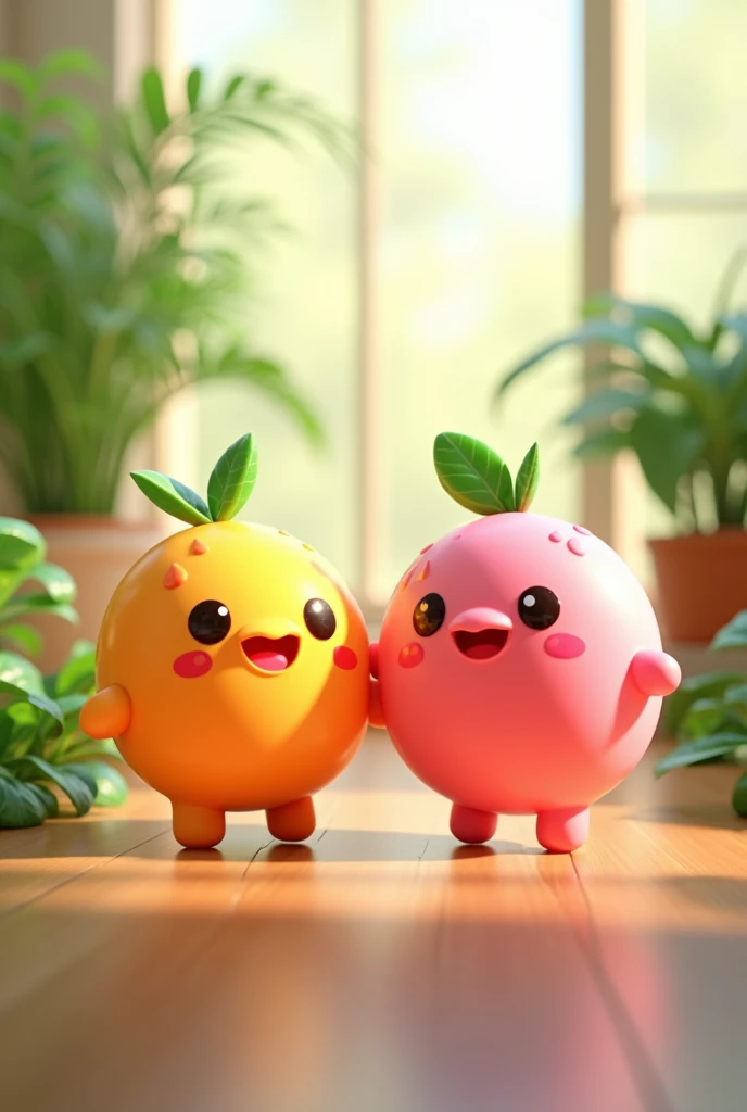 Create an image of two adorable, cartoonish emojee characters, one orange and one pink, both with cheerful smiles and tiny arms and legs. They have glossy, semi-transparent surfaces with tiny water droplets, and each has a small leaf on top. The background features a bright and airy indoor setting with green plants and soft natural light, creating a cozy atmosphere. The scene conveys a sense of happiness and friendship, with a gentle bokeh effect in the background.