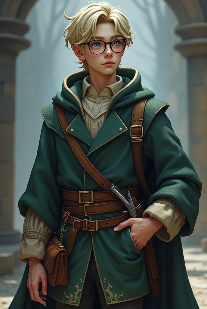 Make me an alchemist with ash blonde hair, blue eyes and pale skin. Whole body, that he be a young man. Her hair is a little long, almost reaching the shoulders. He wears glasses and has some glasses for when he does positions.. He wears a robe and has several bands on his legs., One of them holds the dagger that she uses. He also has a bag where he carries his luggage.. It is from the middle period. He is thin and 2. 