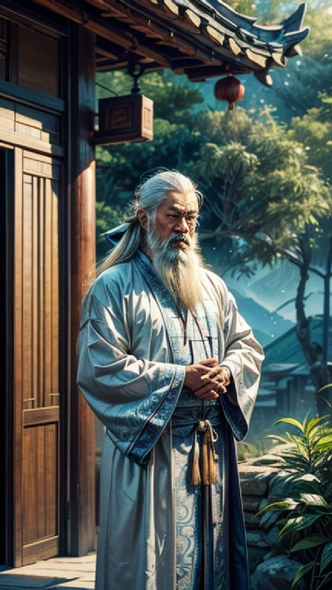 A Chinese man aged 60-70 years old, dressed in traditional clothing from the 8th to 10th century. He has silver hair and a long beard. The man appears deep in thought, with a contemplative expression on his face. His clothing is detailed, with flowing robes typical of the Tang Dynasty, featuring intricate patterns. The background is simple, perhaps a serene outdoor setting with elements like a distant mountain or bamboo trees, to emphasize his introspective mood.