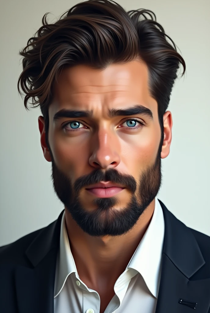 Create Tatum I want him to be blue eyed he had thick hair and a beard was very handsome cute was in a suit 