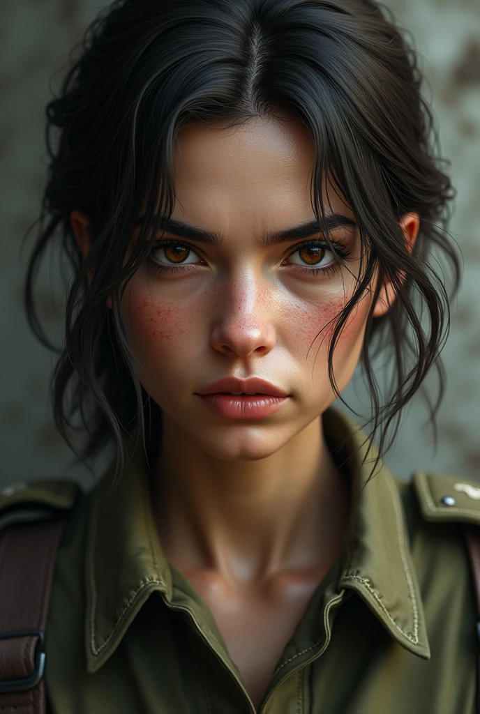 A woman, thirty two years old, with soulless brown eyes and short hair brown, with military uniform, small nose and perfect lip. she have a soldier and war background, run makeup, perfect brown eyes