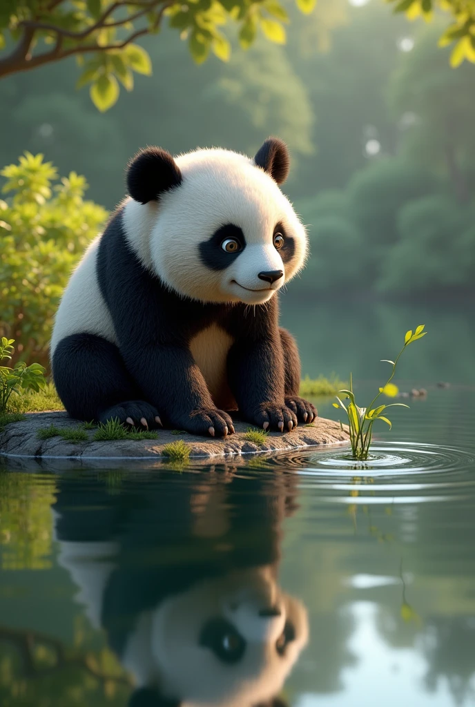 The panda is sitting on the edge of the pond looking at his reflection in the water, occasionally he is happy to stir the water with his paw. Popo has wicked eyes and is always thinking of something new to do.