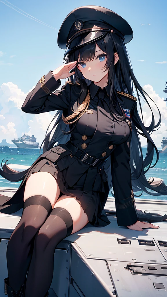 Commander Woman、beautiful、Near future、upright、Salute with your right hand、Left hand lowered、Black military uniform、Black Mini Tight Skirt、Black military boots、Black Stockings、Black Hair、Deep blue eyes、thin black tie、Slender body、Black Beret、Wings Medal、Rank insignia on shoulder、He has a gun、(Blue sky in the background、The deck of an aircraft carrier in the background)