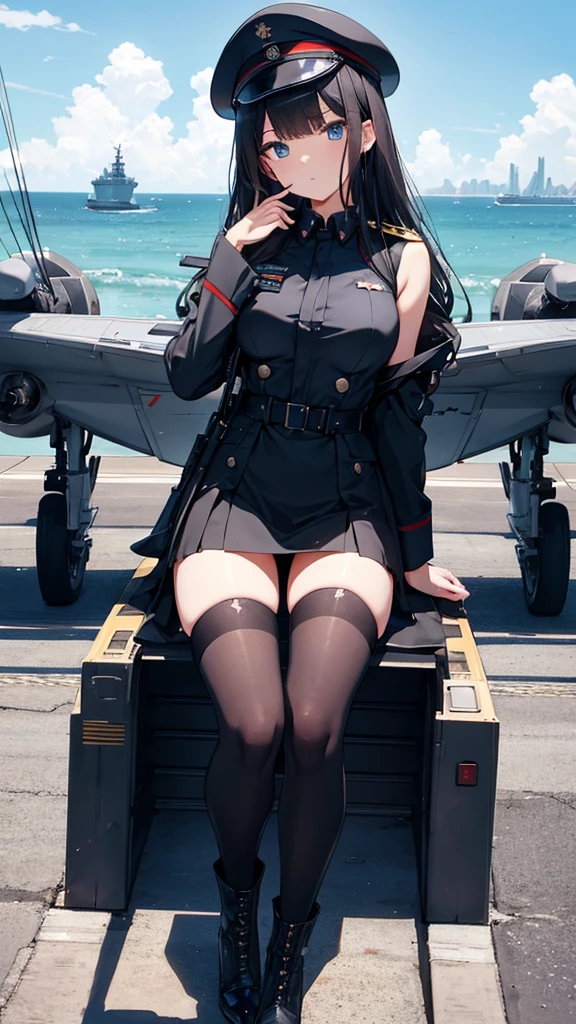 Commander Woman、beautiful、Near future、upright、Salute with your right hand、Left hand lowered、Black military uniform、Black Mini Tight Skirt、Black military boots、Black Stockings、Black Hair、Deep blue eyes、thin black tie、Slender body、Black Beret、Wings Medal、Rank insignia on shoulder、He has a gun、(Blue sky in the background、The deck of an aircraft carrier in the background)