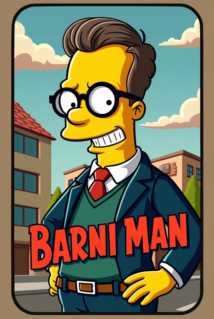 Use the Simpsons to create a name and logo with the name barni man with straight hair and glasses for a beer disk