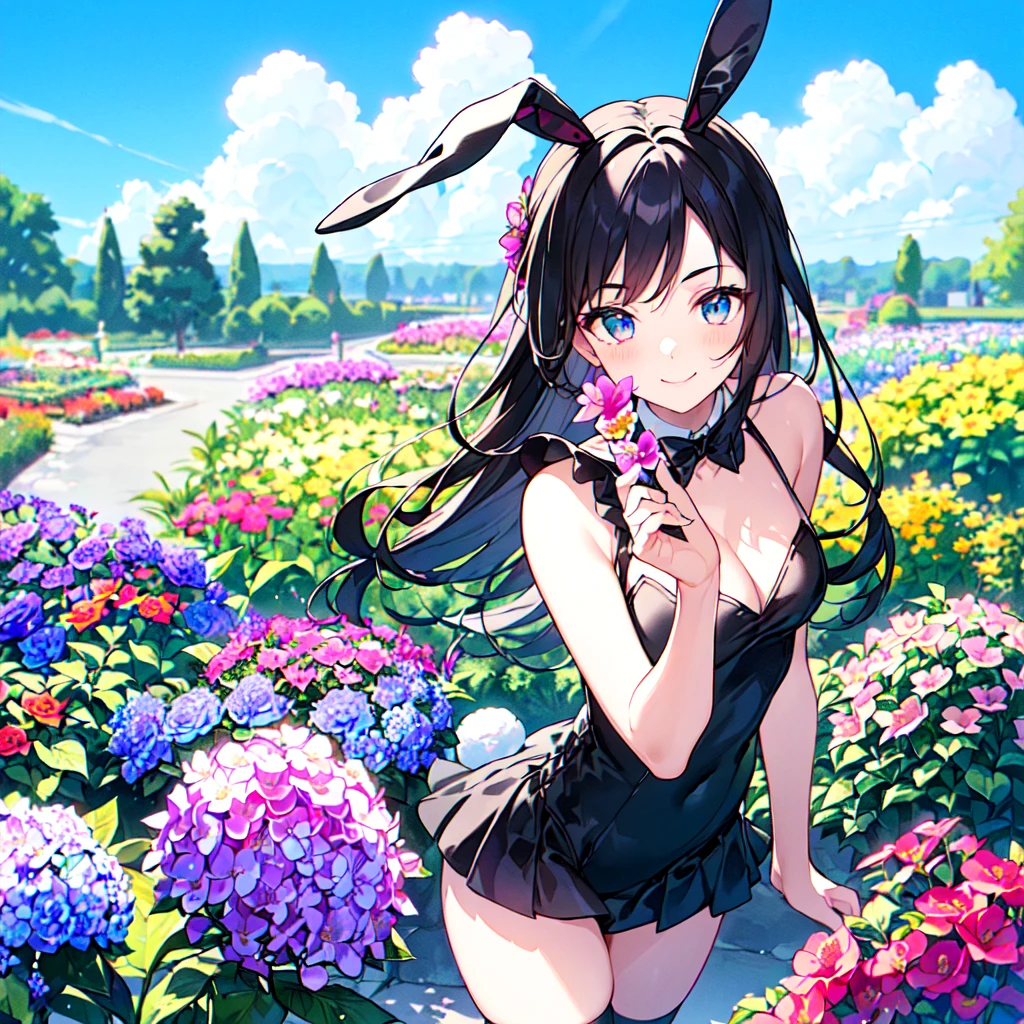 masterpiece, best quality, high quality, extremely detailed, very delicate and beautiful, (1female 18years old solo:1.5) , (two-side up long black hair:1.5), bangs to eyebrows, eyes (eyes sharp, strong and glossy, eyebrows glossy, (eye color magenta:1.3), 6.5 head height, (bunny girl:1.3), knee socks, (smiling), (standing:1.3), (dynamic pose), (upper body:1.3), (background summer flower garden :1.3) , (blue sky:1.3)