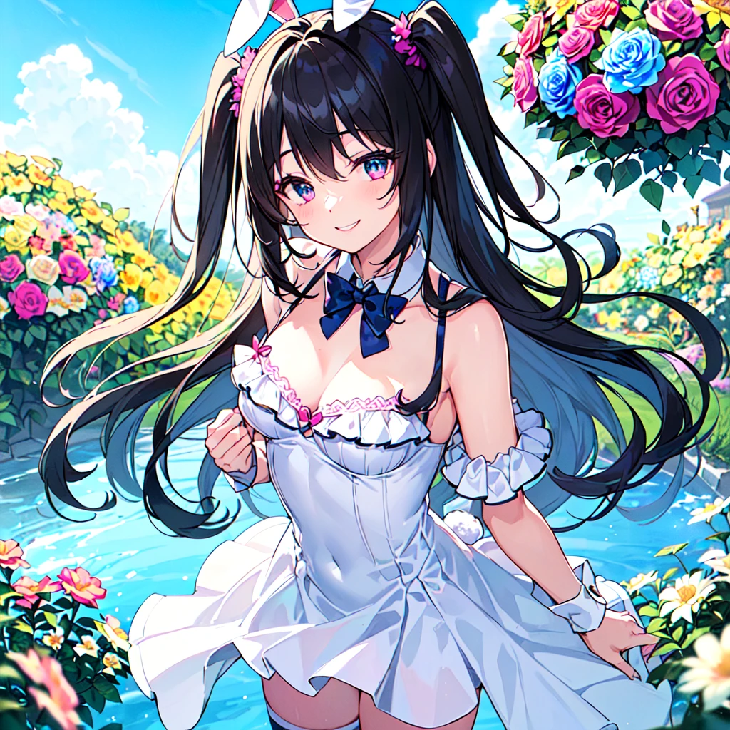 masterpiece, best quality, high quality, extremely detailed, very delicate and beautiful, (1female 18years old solo:1.5) , (two-side up long black hair:1.5), bangs to eyebrows, eyes (eyes sharp, strong and glossy, eyebrows glossy, (eye color magenta:1.3), 6.5 head height, (bunny girl:1.3), knee socks, (smiling), (standing:1.3), (dynamic pose), (upper body:1.3), (background summer flower garden :1.3) , (blue sky:1.3)