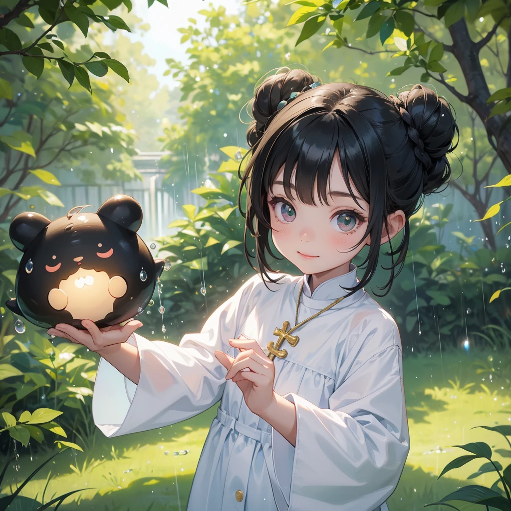 A chibi child girl had a small face and wearing a white little tourist priest’s outfit, a pair of big round eyes shone with curiosity about him. This child was so cute, her hair is black with buns on her hair. Small chibi , chibi baby, smiling , chibi.
Background is trees, vegetables, lush green, with water drops after rain, with water droplets everywhere, green
