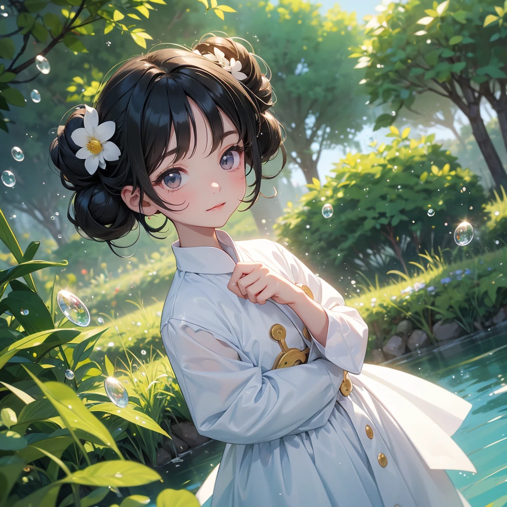 A chibi child girl had a small face and wearing a white little tourist priest’s outfit, a pair of big round eyes shone with curiosity about him. This child was so cute, her hair is black with buns on her hair. Small chibi , chibi baby, smiling , chibi.
Background is trees, vegetables, lush green, with water drops after rain, with water droplets everywhere, green