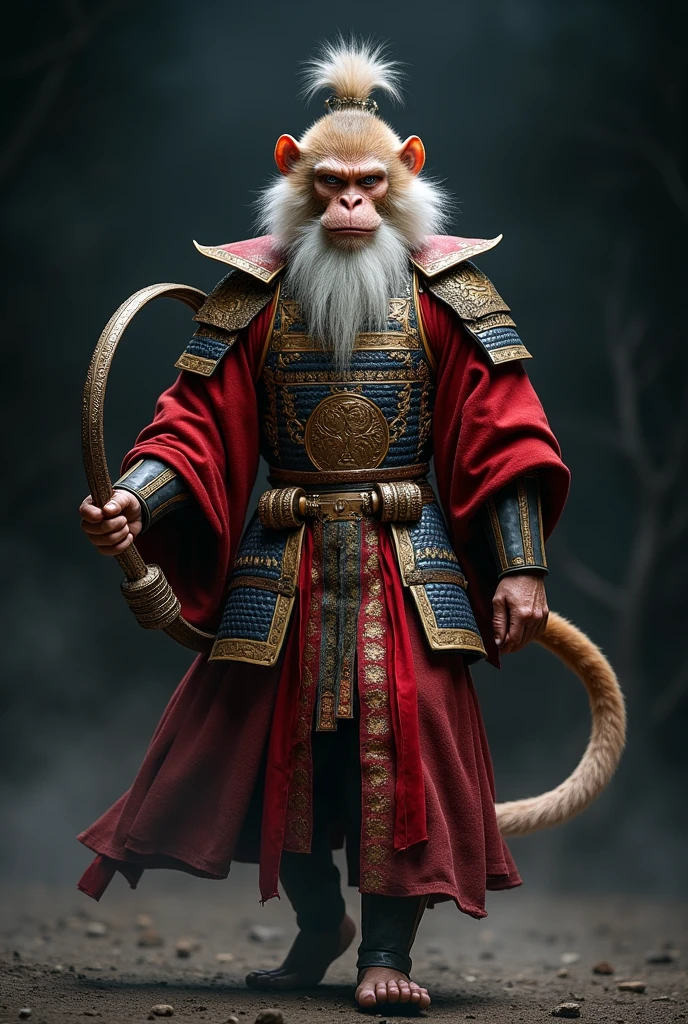 《journey to the west》Chinese mythological characters in,Sun Wukong,monkey look,Wearing ancient Chinese gorgeous armor,Foot somersault cloud,Holding ornate hoop in hand,Elegant and charming posture,Composition symmetry,Dark background,Movie poster style,High lighting contrast,Full body shot。