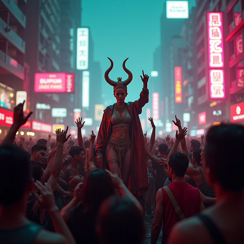So raise your horns for this absurdity, In a dystopian dance of pure absurdity, We’ll rock and roll through this wild charade, With Mom on the throne of an OnlyFans parade!, cyberpunk style, cyberpunk city, cinematic light, award winning photograph
