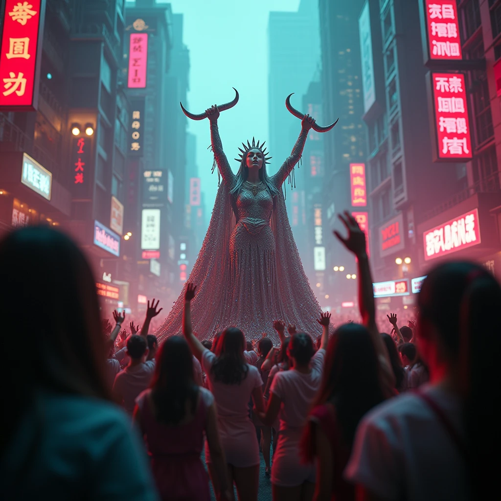 So raise your horns for this absurdity, In a dystopian dance of pure absurdity, We’ll rock and roll through this wild charade, With Mom on the throne of an OnlyFans parade!, cyberpunk style, cyberpunk city, cinematic light, award winning photograph