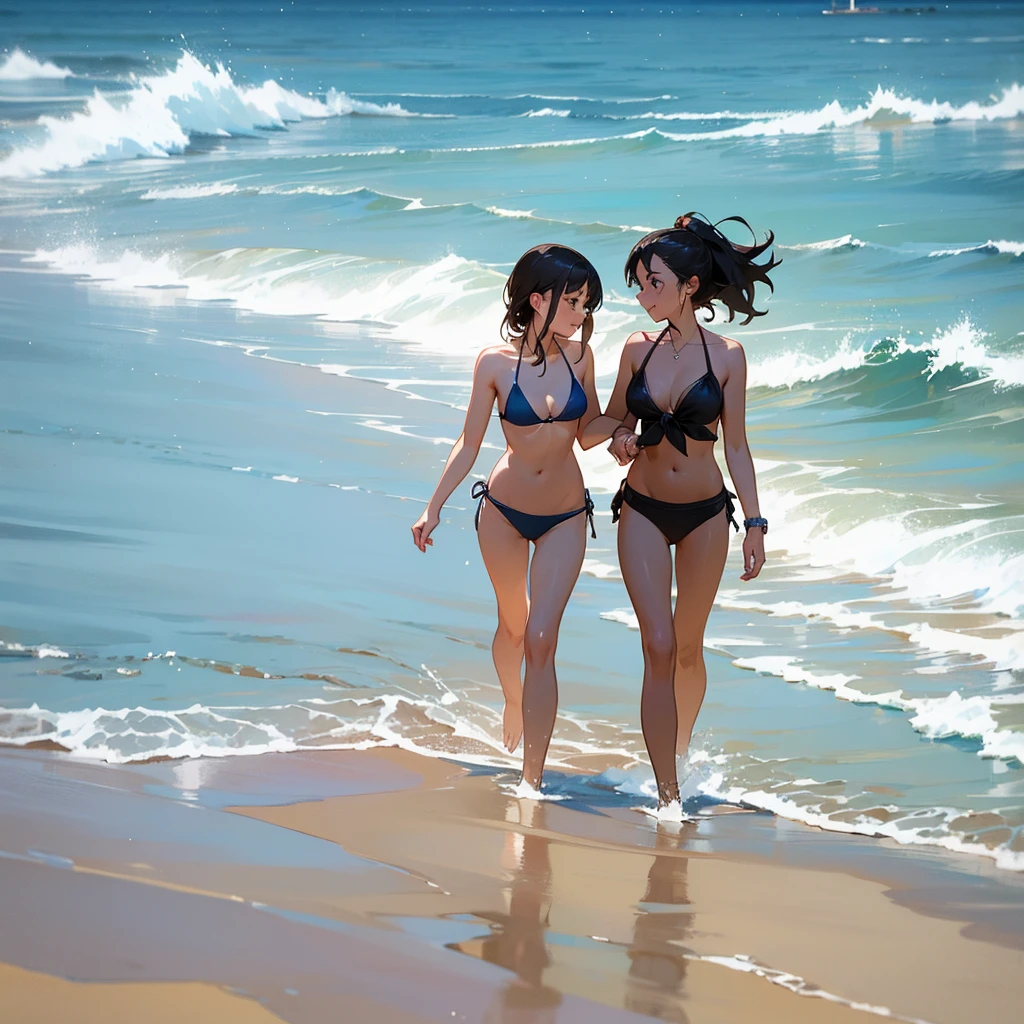 A woman in a bikini on the beach bathing with her friend who also has a bikini and the two of them are walking towards the water to bathe