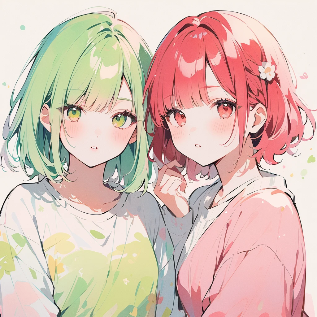 A red–haired girl and a green-haired girl Watercolor、pale colour、
