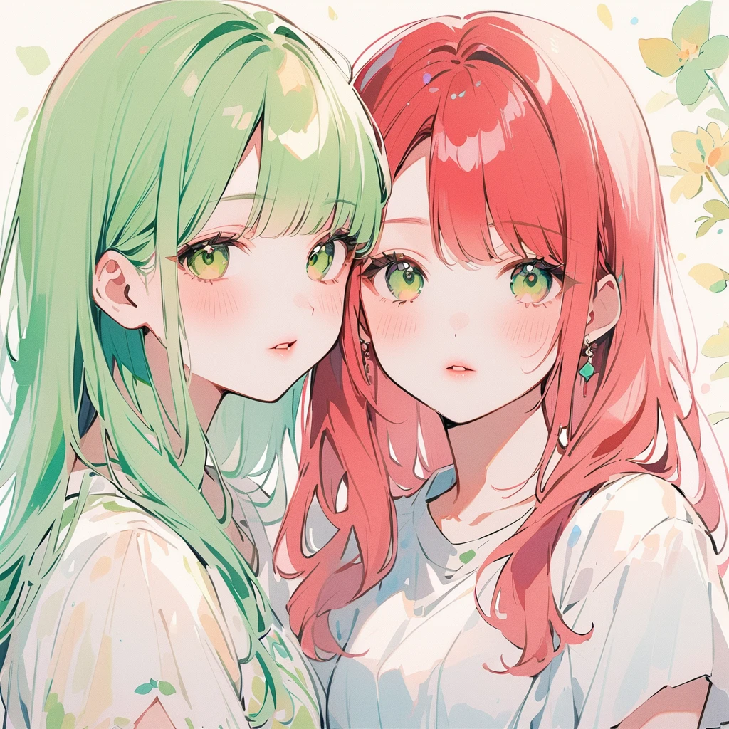 A red–haired girl and a green-haired girl Watercolor、pale colour、