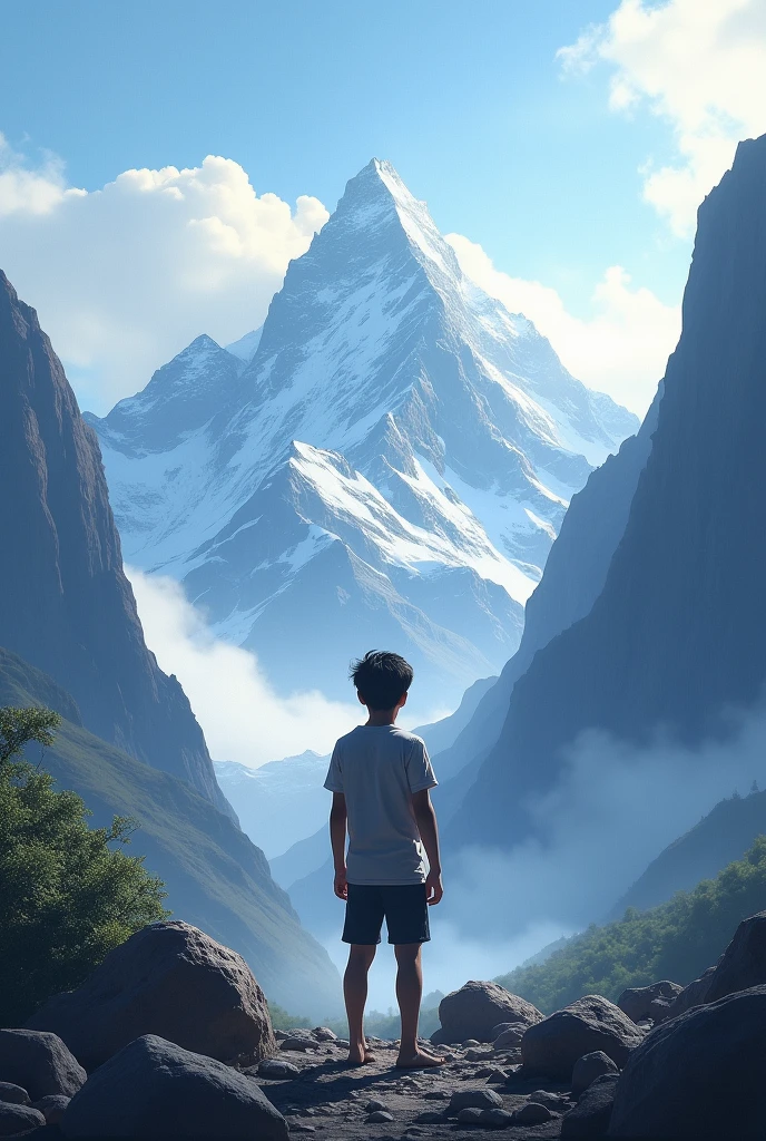 In mountain at center   a boy in back side of t shirt
Karthik 
24