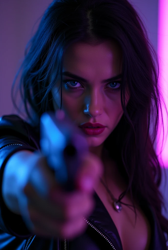 A close-up of a woman&#39;s very blue eyes, angry look, linda, black hair, black leather clothing, and a gun in his hand, night background, and purple phosphorescent light 