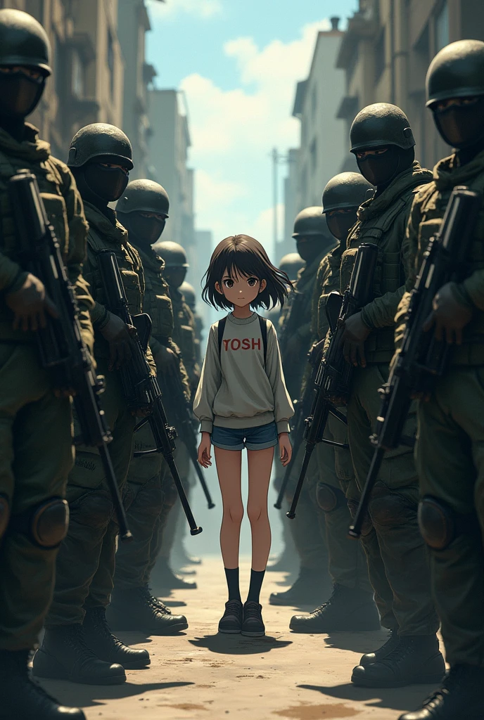 14-year-old female soldiers、Angry expression、Glare、Pubic hair is visible、Enemy soldiers are watching、Around town、While running away、Nipples、Pee on yourself、crowd