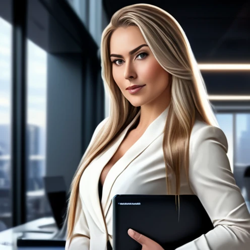 carla, hyperrealistic, woman standing next to a desk, holding a laptop with code visible on the screen, long hair cascading over shoulders, deep neckline, modern office background with large windows, bright lighting, confident and inviting gaze at the camera, ultra-realistic skin and details