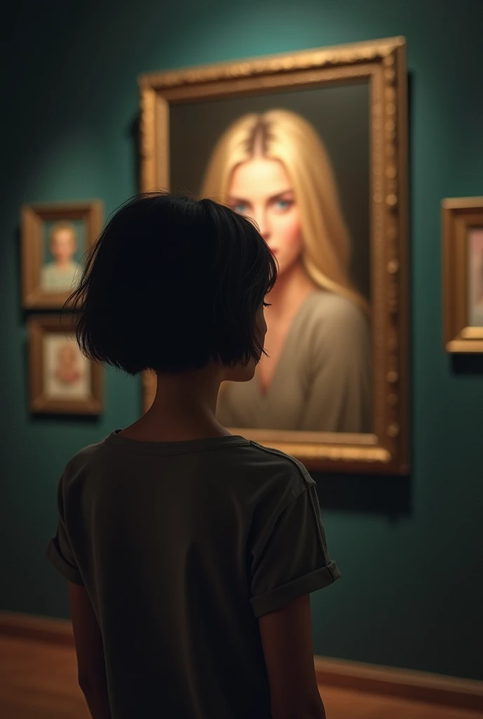 Short black hair girl from behind looking at a painting of a realistic blurred blonde girl