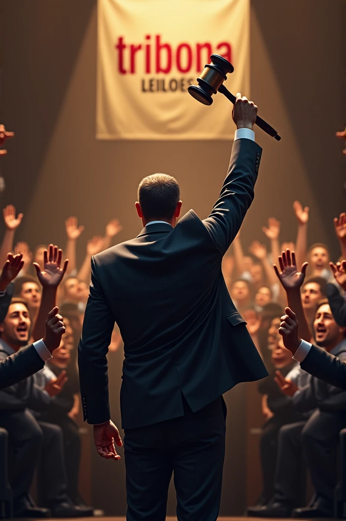 An auctioneer in a suit and tie, standing backwards, with a judge's gavel held high, with a crowd with their hands raised, and a banner saying Tribuna Leiloes.