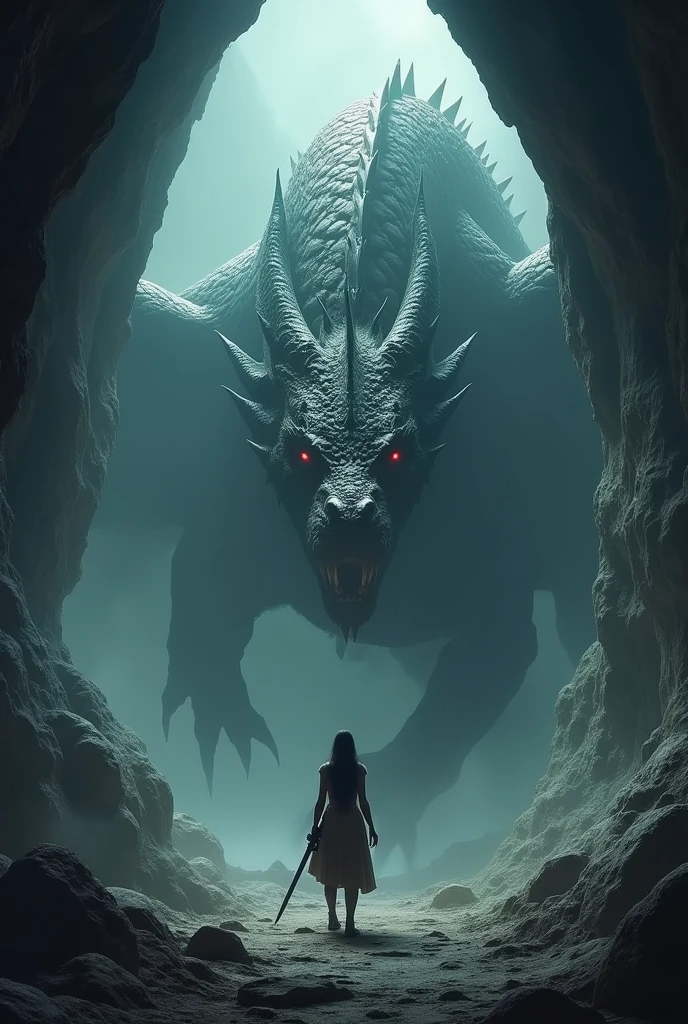 A dramatic first encounter between Meera and the dragon inside the dimly lit cave, with the dragon’s glowing red eyes.