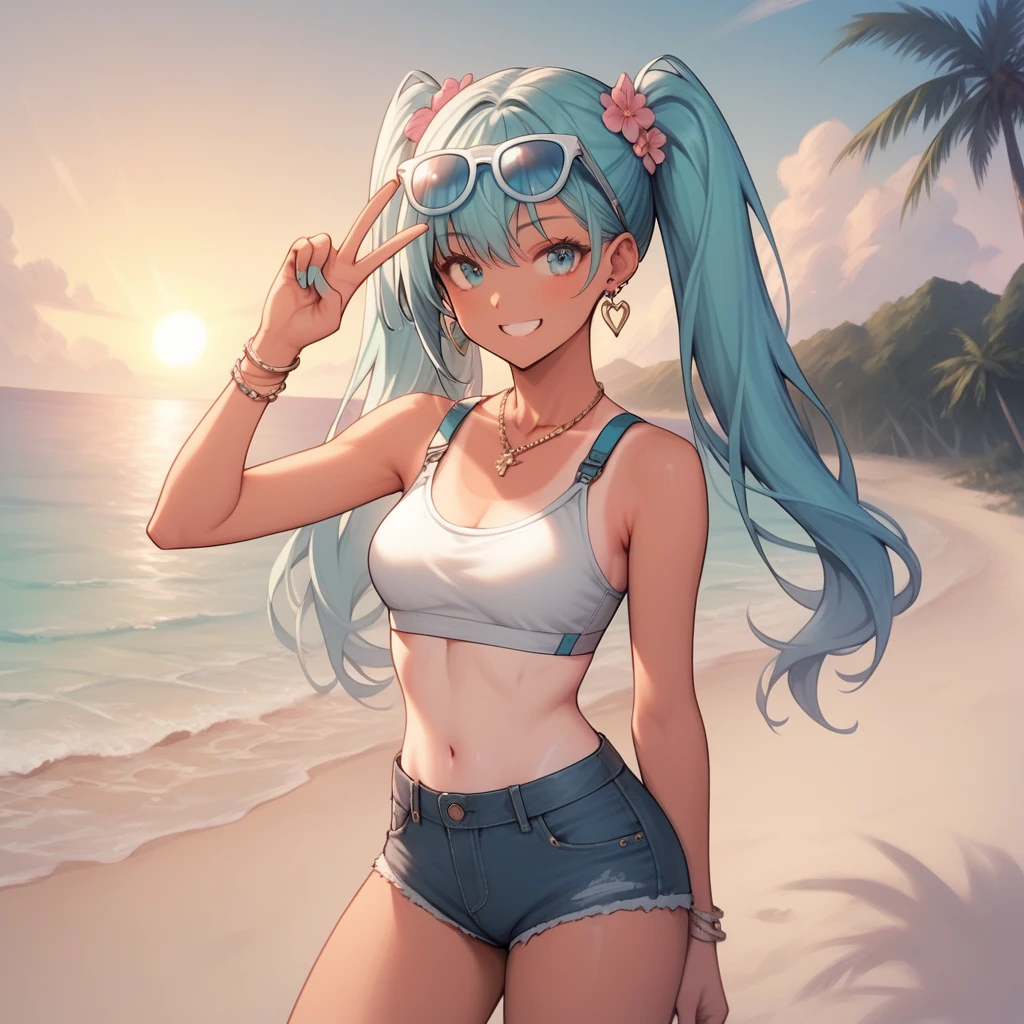 ((Masterpiece, best quality)), highres, highres, Female Body, Female Features, curvy_figure, standing, tan, (brown_skin), (tanlines:1.3), 1girl, solo, standing, looking_at_viewer, smile, peace_sign, (aqua-blue_hair, flower_hair, aqua-blue_eyes, eyewear_on_head, twintail, long_hairs, bangs, small_breasts, thighs), (cropped_tshirt, yellow_shirt, bare_shoulders, bra_straps, denim_shorts, square_earrings, aqua_nails, multiple_bracelets, necklace), sunset, outdoor, beach, sand, ocean, building_view, dropped_shadow
