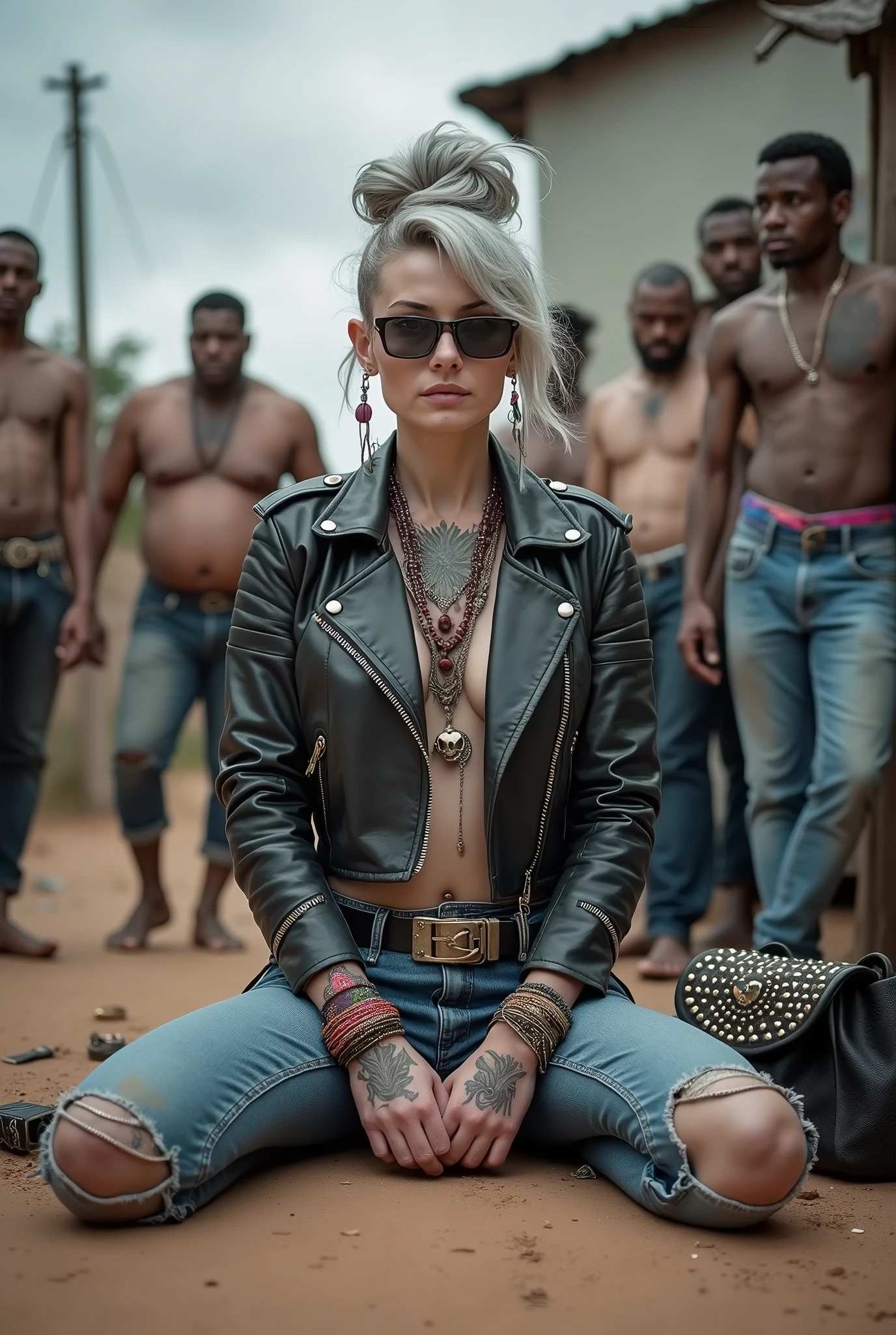 russian milf woman, grey hair (pouf, and top bun and shaved sides) and oversized square maxi sunglasses as bandana, with very light blue eyes, extremely pale. Wearing aged vintage black cropped moto jacket with padded shoulders, with lots of zippers and pins; aged dirty tight push up tank top , skinny aged blue jeans and dirty white tennis sneakers. Dirty knees and dusty hands. Lots of metallic bracelets, lots of boho pendants and lots of colourful beads collars. Tacky wide studded leather belt with oversized skull and bones buckle. Long bohemian earrings with colourful feathers. Kneeling like in a payer, chin up stretching her neck , humble facial expression. Hands on her knees, showing off bracelets and rings. studded black leather tote bag with chains on the floor, next to her.. Listening in amazement to somebody speaking to her, well toned abdominals, thin neck, slim legs and thin arms. Tattoed heavily on chest and hands. Dirt street in Kenian village full of waste. A lot of tanned shirtless fat men in jeans around looking at her. next to her, all her belongings scattered on the floor: makeup kit, little makeup mirror, studded black leather tote bag, lipstick, wallet, moble etc on the floor