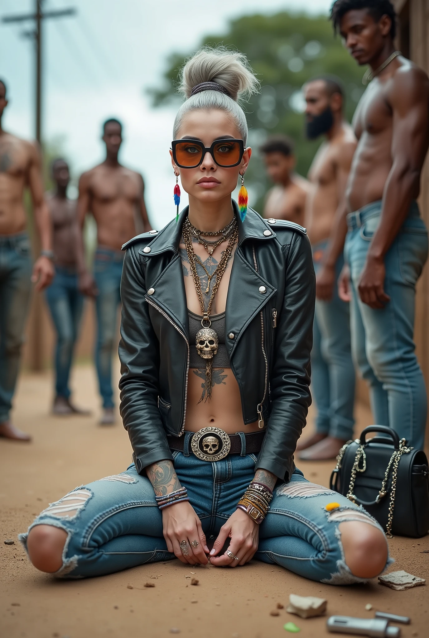 russian milf woman, grey hair (pouf, and top bun and shaved sides) and oversized square maxi sunglasses as bandana, with very light blue eyes, extremely pale. Wearing aged vintage black cropped moto jacket with padded shoulders, with lots of zippers and pins; aged dirty tight push up tank top , skinny aged blue jeans and dirty white tennis sneakers. Dirty knees and dusty hands. Lots of metallic bracelets, lots of boho pendants and lots of colourful beads collars. Tacky wide studded leather belt with oversized skull and bones buckle. Long bohemian earrings with colourful feathers. Kneeling like in a payer, chin up stretching her neck , humble facial expression. Hands on her knees, showing off bracelets and rings. studded black leather tote bag with chains on the floor, next to her.. Listening in amazement to somebody speaking to her, well toned abdominals, thin neck, slim legs and thin arms. Tattoed heavily on chest and hands. Dirt street in Kenian village full of waste. A lot of tanned shirtless fat men in jeans around looking at her. next to her, all her belongings scattered on the floor: makeup kit, little makeup mirror, studded black leather tote bag, lipstick, wallet, moble etc on the floor