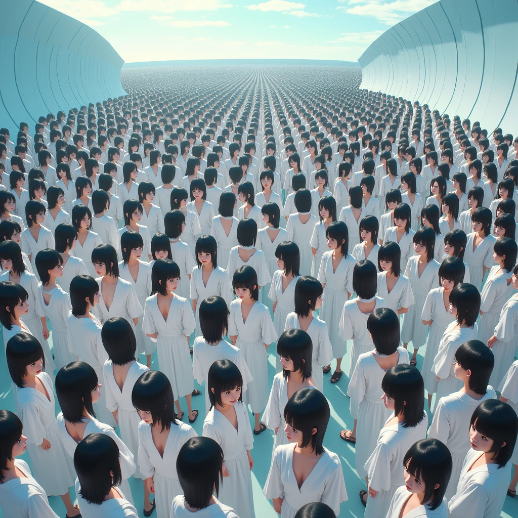 (((((Japanese Clone girls=Myself)))))), (((Best Super High quality Myself Clone girls Raw Photography Art))), (16K, Highest quality, Ultra-high resolution, RAW Photos), (((It's so unrealistic., With unparalleled depiction, With an unfathomable sight, An unprecedented and shocking worldview, Clone girls in a world of mass reproduction, Ultra-realistic))), (((Japanese, woman, 20yo, Saito-Asuka))), (Small face, ((Thick black hair, Semi-long hair))), ((V-neck short-sleeve dress)), (((((Very detailed美しい女体, Accurate body structure, Very detailed完璧な, Super busty body with very large breasts, Clearly emphasizes cleavage))))), (((Dark Eyes, Mature face, Cute Smile, A gentle gaze))), (((Her happy and smiling expression is so cute))), ((((((((Very detailed分身増殖描写, ((1girl→Myself cloning→1,000,000,000,000,000,000,000,000,000,000,000,000,000,000,000,000,000,000,000,000Myself Clone girls)))))))))), ((((((((Very detailed, The precise depiction of the proliferation of Myself Clone girls, ((With the perfectly identical bodies of Myself clone girls, With the exact same face as the Myself clone girls, With the exact same hairstyle as the Myself clone girls, In the exact same clothes as the girls who are my clones, Perfectly the same height as the Myself clone girls, Super big breasts, just like the Myself clone girls)))))))))), (((Myself clone girls only))), (((Multiple pairs, Very detailed depiction, (Myself clone girls hug each other, Myself clone girls assemble, Fun conversations with fellow Myself clone girls, A fun conversation between Myself clone girls, Myself clone girls holding hands, Walking with lots of Myself clone girls, Turn around, Look at me)))), (((Everyone looks at the camera))), (((Unbelievably crowded, Transcendent Myself clone girls intimately, Countless Myself clone girls surround you in 360 degrees))), (Bright, soft sunlight), (((Very wide field of view, Very detailed, Detailed ultra-perspective depiction with clear depth, super wide top view))), (((((Junction with a curved slope))))), (((Very photographic and detailed depiction, Myself clone girls will multiply infinitely and fill the surroundings from one side to the horizon with their bodies tightly packed together without any gaps., A scene of endless Myself clone girls and a fun atmosphere))), (Focus on the average value of the image)