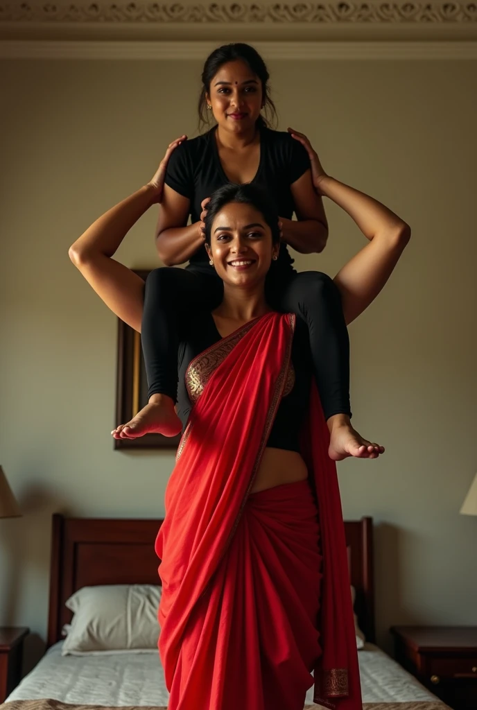 Beautiful and Slim Indian woman Aishwarya Rai in black blouse red saree , lifting a large chubby man above her shoulders, man is sitting on woman's shoulders, natural smile, in a bedroom with high ceiling , full body view