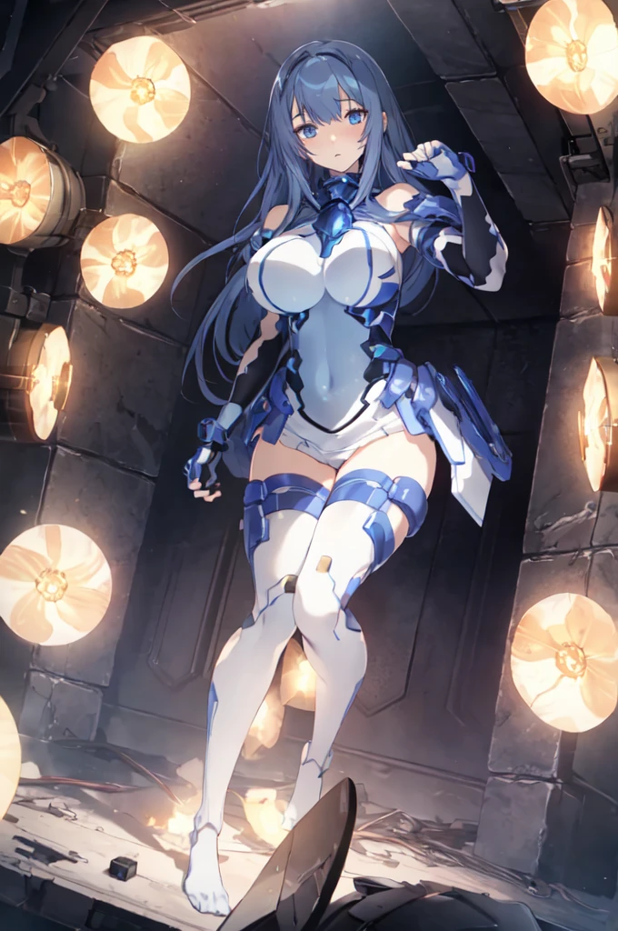 masterpiece, Highest quality, Anime Style,Official Art Beautiful Lighting, 1 person, bangs, Inside the futuristic base, whole body, Blue and white outfit, masterpiece,Noise Reduction,Perfect Anatomy,High resolution, Very detailed,Game CG,Dutch Angle ,Beautiful attention to detail,Visual Arts,Five Fingers, Perfect hands, Perfect lighting,