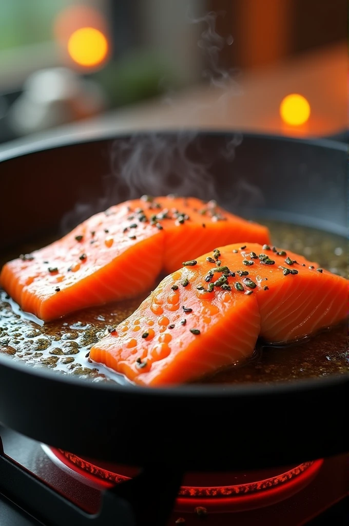Salmon being fried in a pan