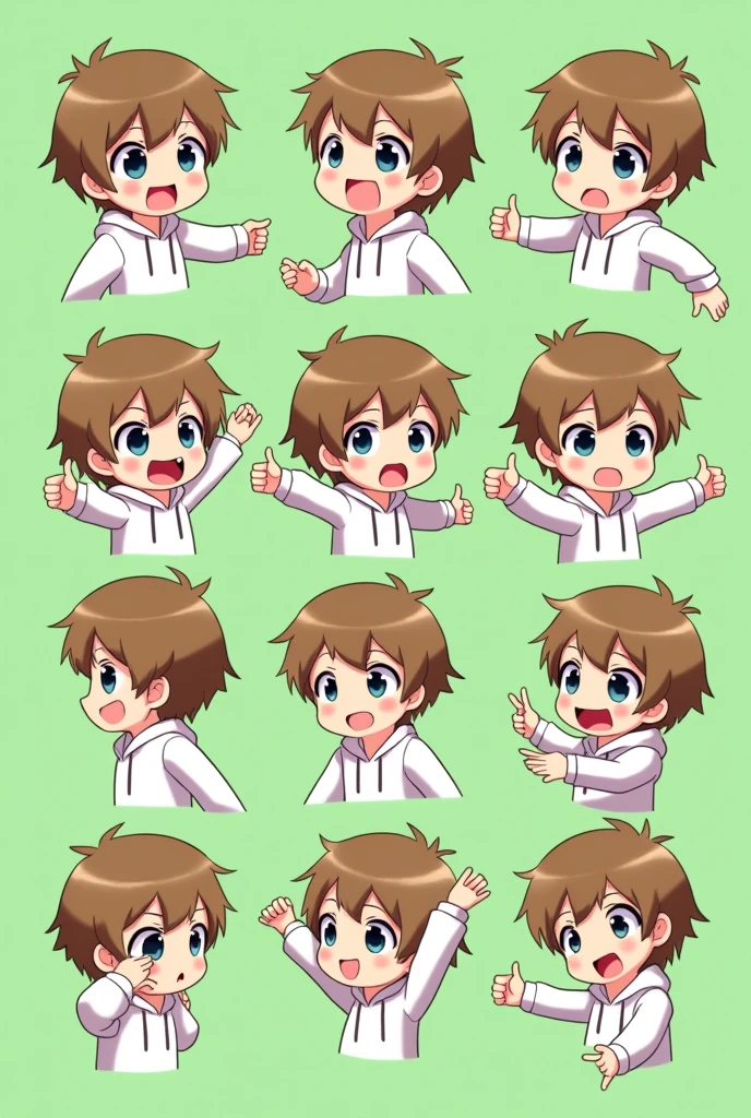 An anime-style character with light brown hair, black eyes, and wearing a white hoodie, depicted in various expressive poses similar to the reference image provided. The character should have a playful and exaggerated cartoon-like appearance, with different facial expressions like confusion, joy, anger, and love, set against a simple green background. The style should be consistent with chibi-like characters, focusing on the large head and expressive eyes.