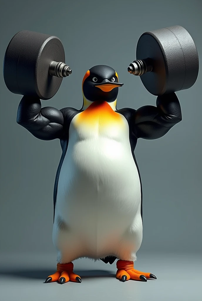 penguin, with two pumped up dumbbells