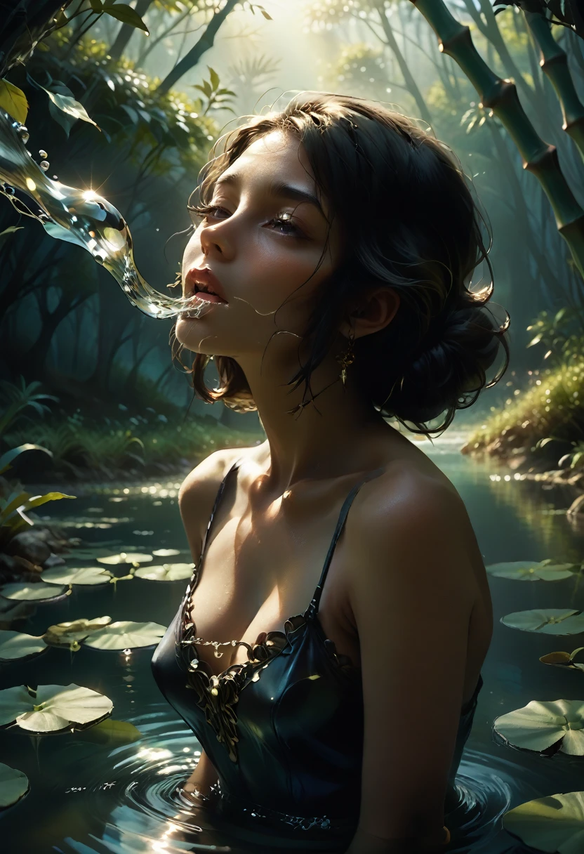 negative space, shuimobysim, girl, woman,bare shoulders, (ecchi0.5), lips, water splash, (trees:0.5), (flowers:0.6) ,(birds:0.2), (bamboo0.1), lakes, Hangzhou, bonian, bonian in background   