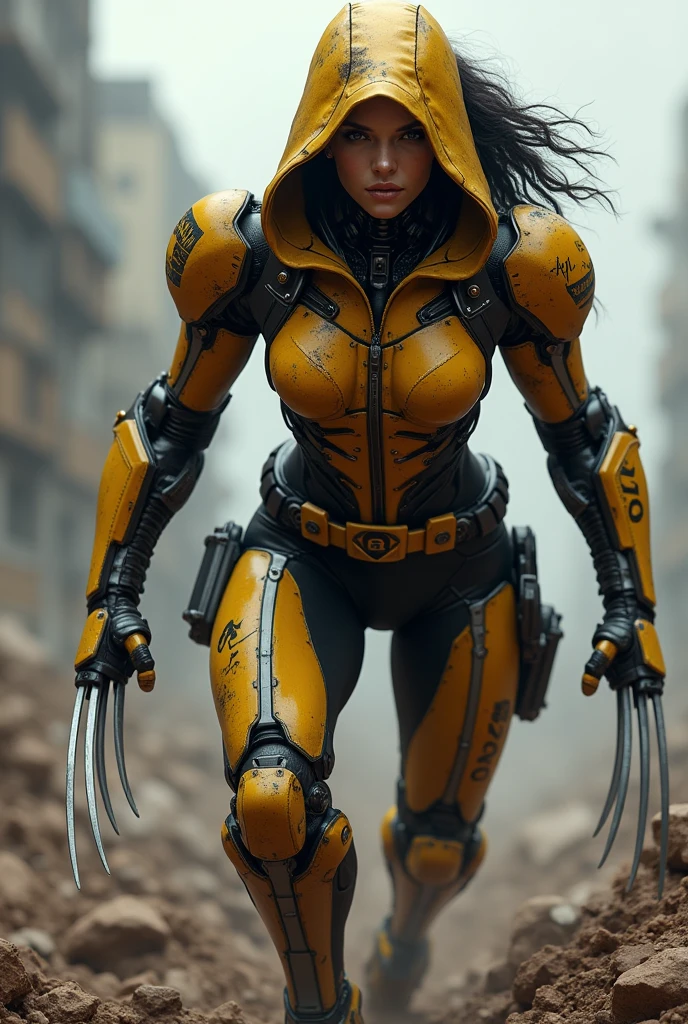 Generate female assassin
Weapon: wolverine claws X
Outfit: gold and black robot with clear and not hidden print (•NATALIA™).
make realistic.
Make it like from the war and has a wound