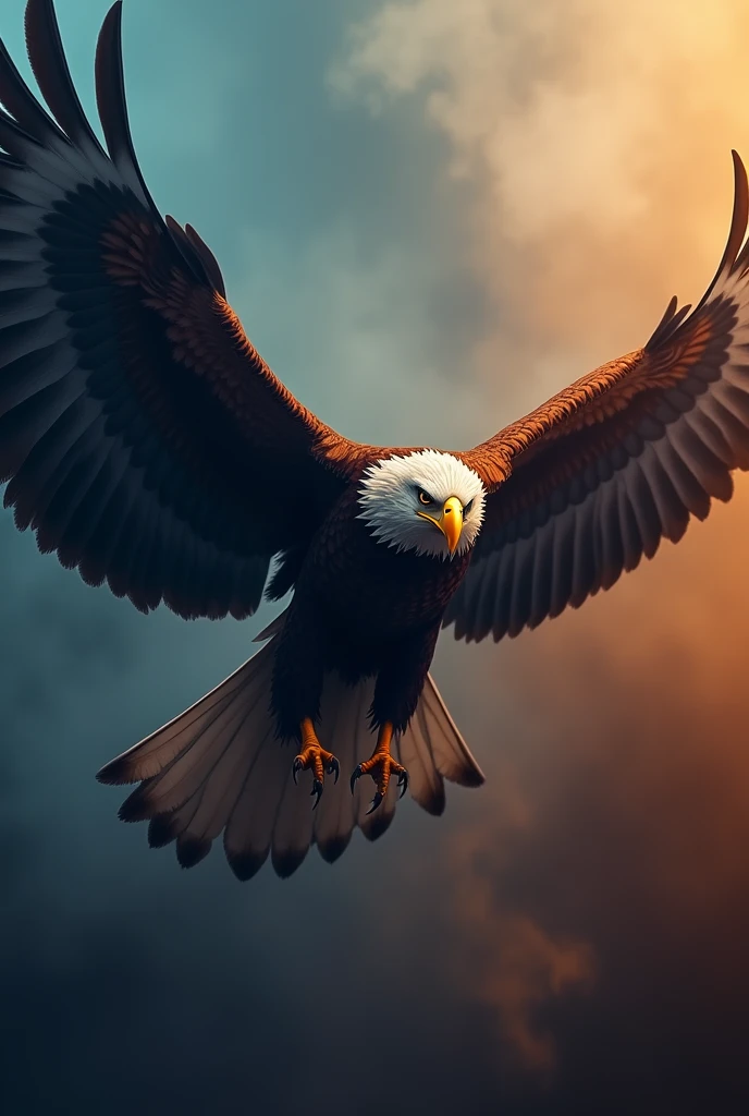 Bold and beautiful looking eagle, fly, wing span, front camera straight view, smoky blue orange gradient background