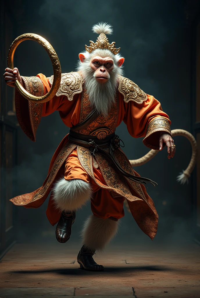 《journey to the west》Chinese mythological characters in,Sun Wukong,monkey look,Wearing ancient Chinese gorgeous armor,Foot somersault cloud,Holding ornate hoop in hand,Elegant and charming posture,Composition symmetry,Dark background,Movie poster style,High lighting contrast,Full body shot,Ink painting style
