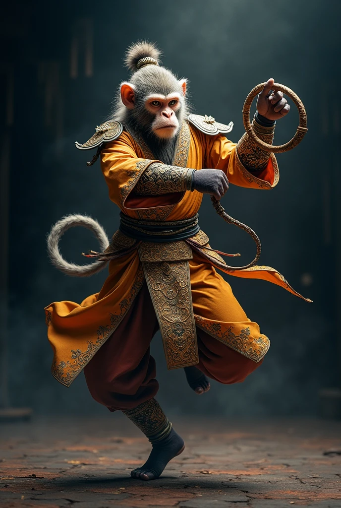 《journey to the west》Chinese mythological characters in,Sun Wukong,monkey look,Wearing ancient Chinese gorgeous armor,Foot somersault cloud,Holding ornate hoop in hand,Elegant and charming posture,Composition symmetry,Dark background,Movie poster style,High lighting contrast,Full body shot,Ink painting style