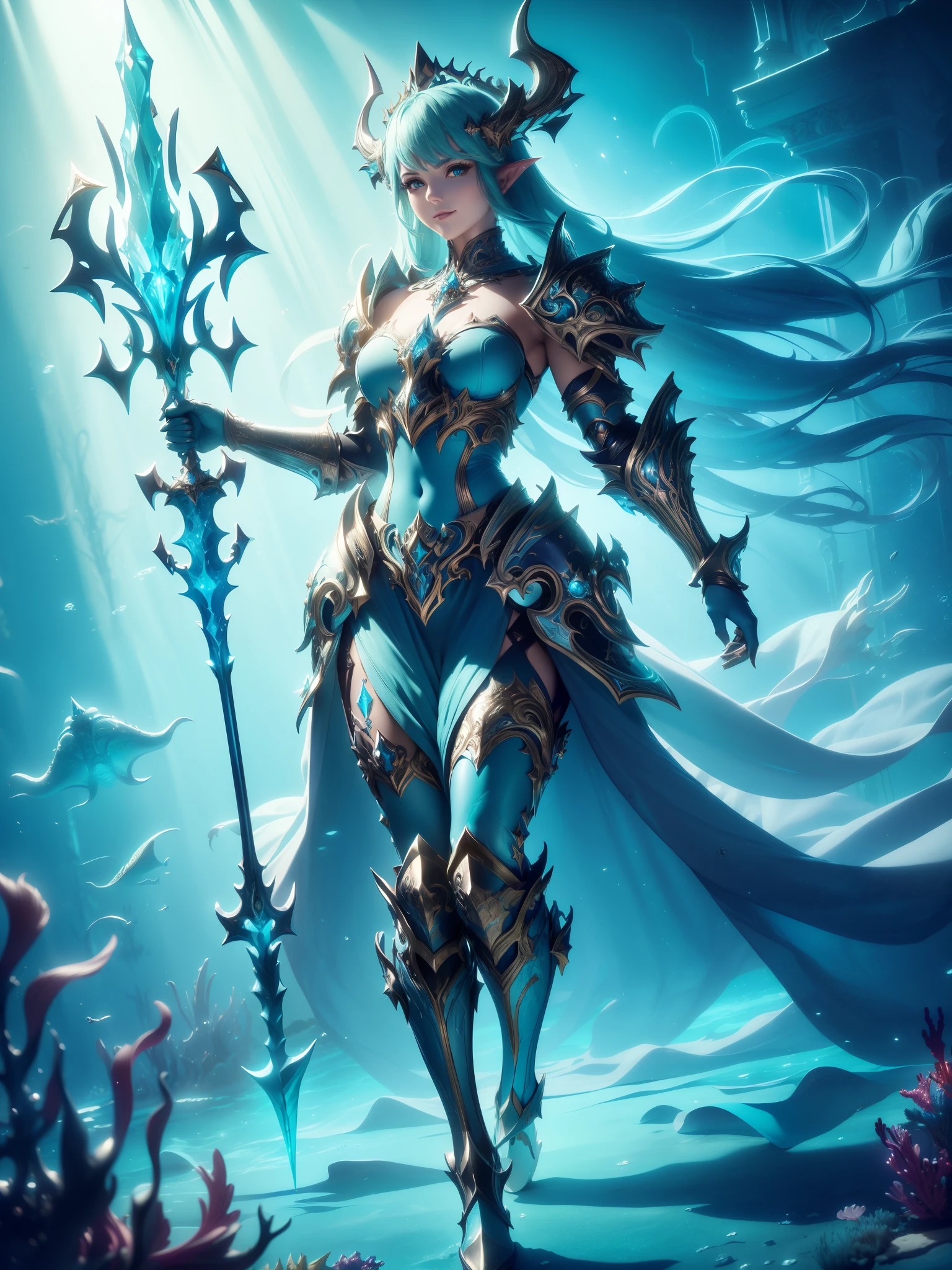 Photorealistic image ((Masterpiece)), ((high quality)) UHD 8K, of the Goddess Ran, goddess of the Nordic seas, realistic, Sea Elf, (medium chest), (thin waist), (long turquoise hair), ((body view full)), ((Full body fantasy armor)), with blue scales, ((large shoulder pads and intricate ice blue lights)), (((three pronged trident in her right hand))), ((in her underwater kingdom under the sea, fantastic celestial palace underwater submarine)), (mythological lighting and fantasy atmosphere), Dynamic lighting, heavy shadows, facing the viewer, gentle smile,