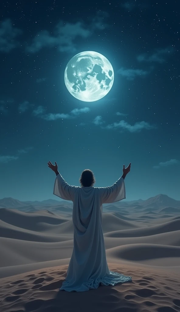 Back view of the Prophet praying to Allah with both hands raised towards the starry and moonlit sky at night in the desert