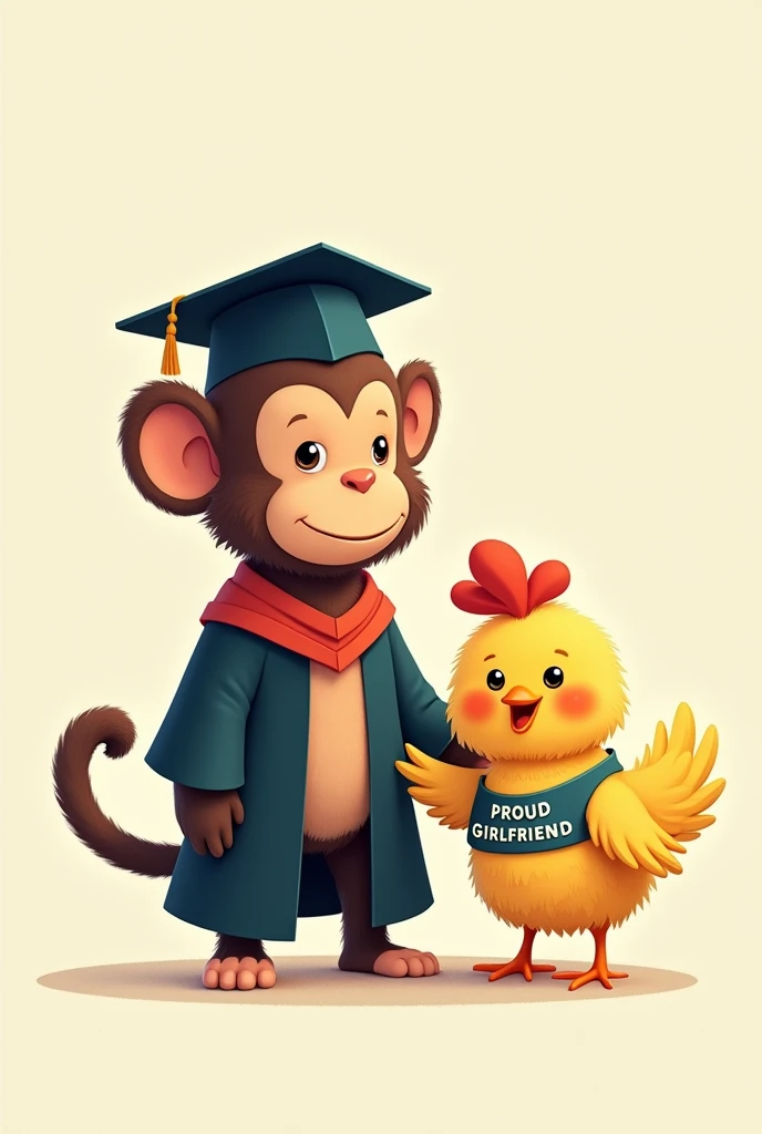graduated monkey next to a little chicken with a band in the body that says proud girlfriend of a graduated