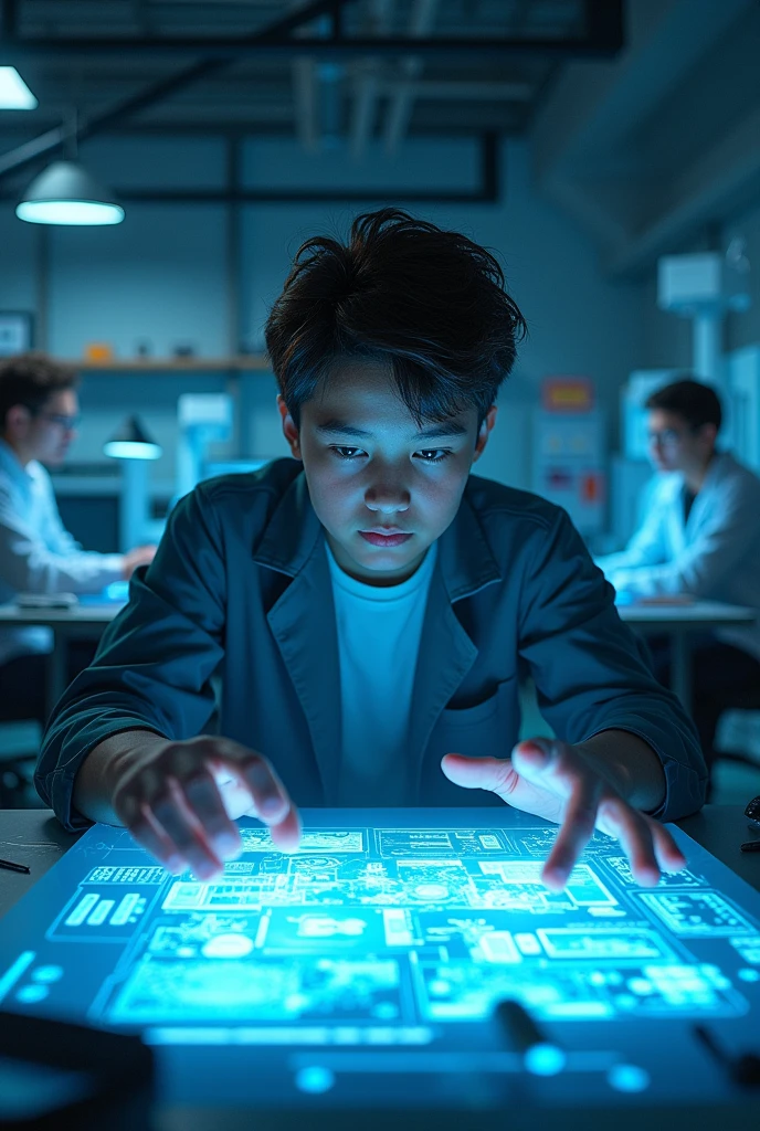 A teenager creating a projection project with several scientists in the background and a bed 