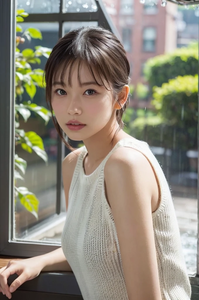 There is a woman sitting with her hair tied back.., Long white T-shirt、((I don't wear anything on my lower body))、Sitting on the bed、、shikamimi, Korean Girls, sakimichan, beautiful south Korean women, Korean women, Yoshitomo Nara, For whom??, harumi, short hair, Park Jimin, Choi Hong-hwa, narumi kakinouchi、short hair、Loose and fluffy hair、Highest quality、View here