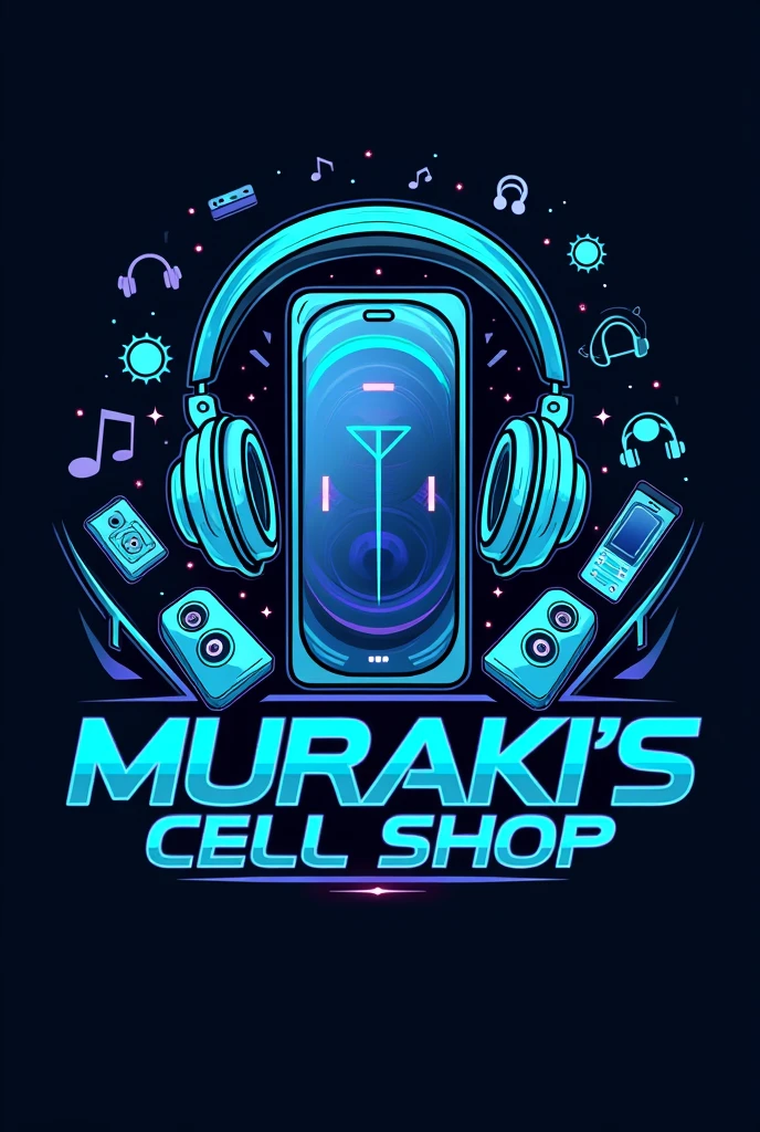 Create a logo, for a cell phone and technology business, turquoise blue base, electric color overtones, that have cell phones, speakers, Headbands and background headphones. The name of the business is MURAKI'S CELL SHOP, Slogan Visit us today and get the technology of tomorrow!
The previous logo with the slogan in Spanish